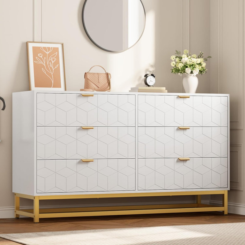 White 53.5-Inch 6-Drawer Dresser with Golden Metal Handles and Legs, Modern Chest Organizer for Bedroom, Closet or Hallway