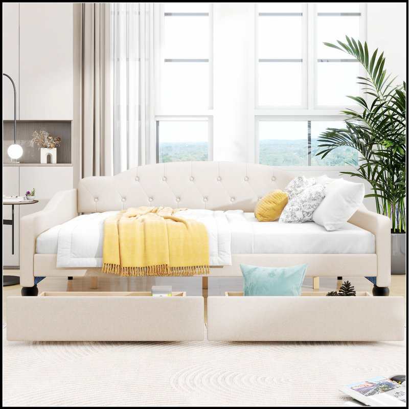 Upholstered Tufted Daybed with Two Drawers, Durable Linen Fabric for Comfort and Space Efficiency