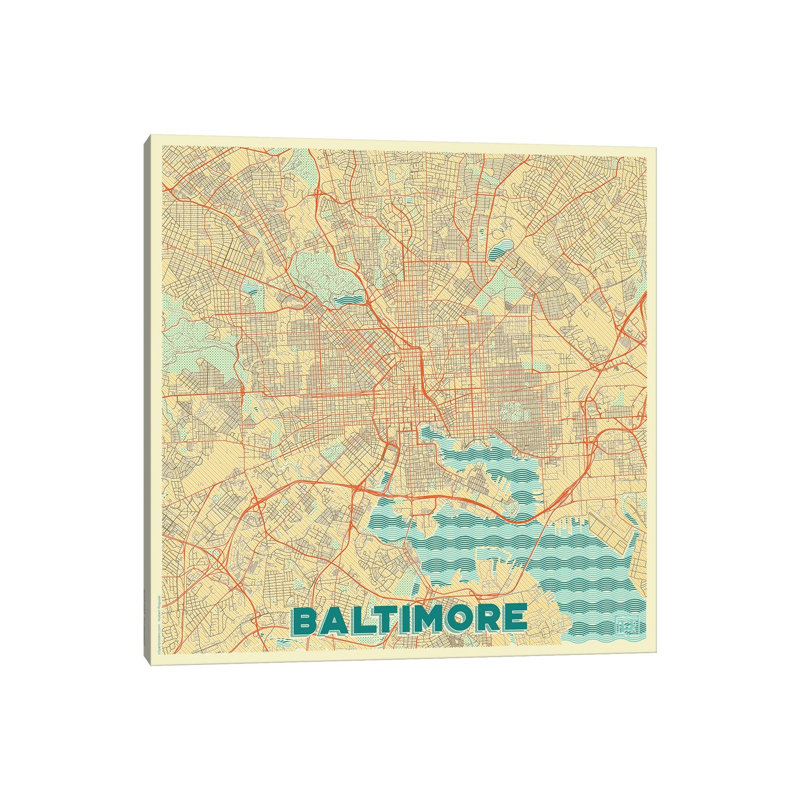 Baltimore Retro Urban Blueprint Map by Hubert Roguski - Wrapped Canvas Painting, 45.72 cm H x 45.72 cm W x 3.175 cm D