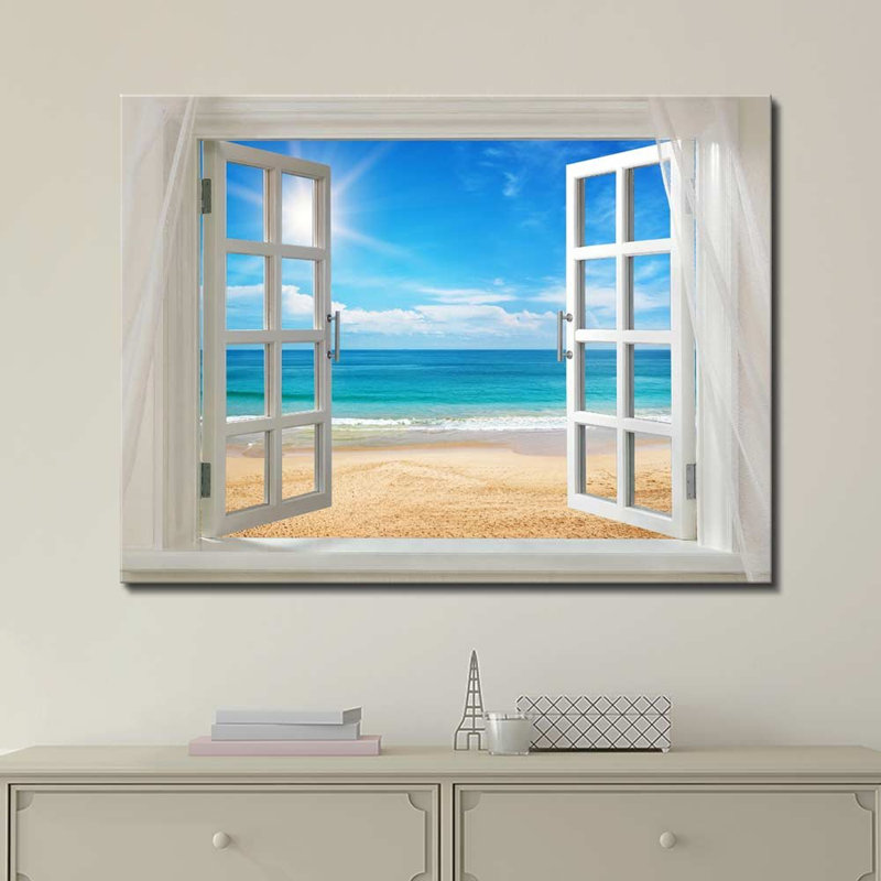 «Serene Coastal Clear Sea And Beach Open Window Modern Wall Home Decor» sur, H 32 po x l 48 po