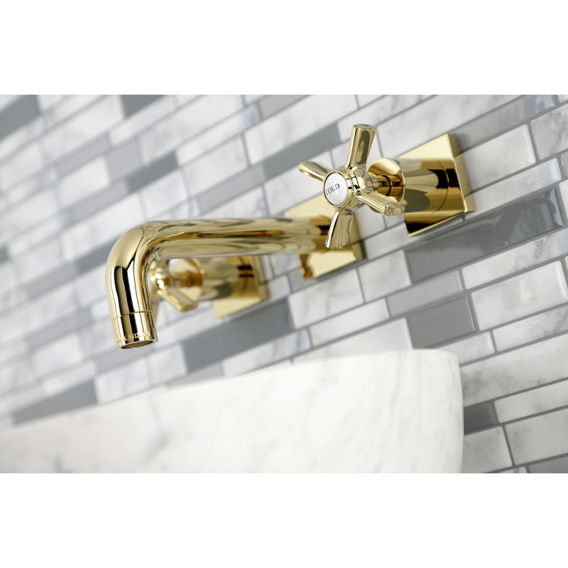 Kingston Brass Millennium Two-Handle 3-Hole Wall Mount Bathroom Faucet, Polished Brass, Cross