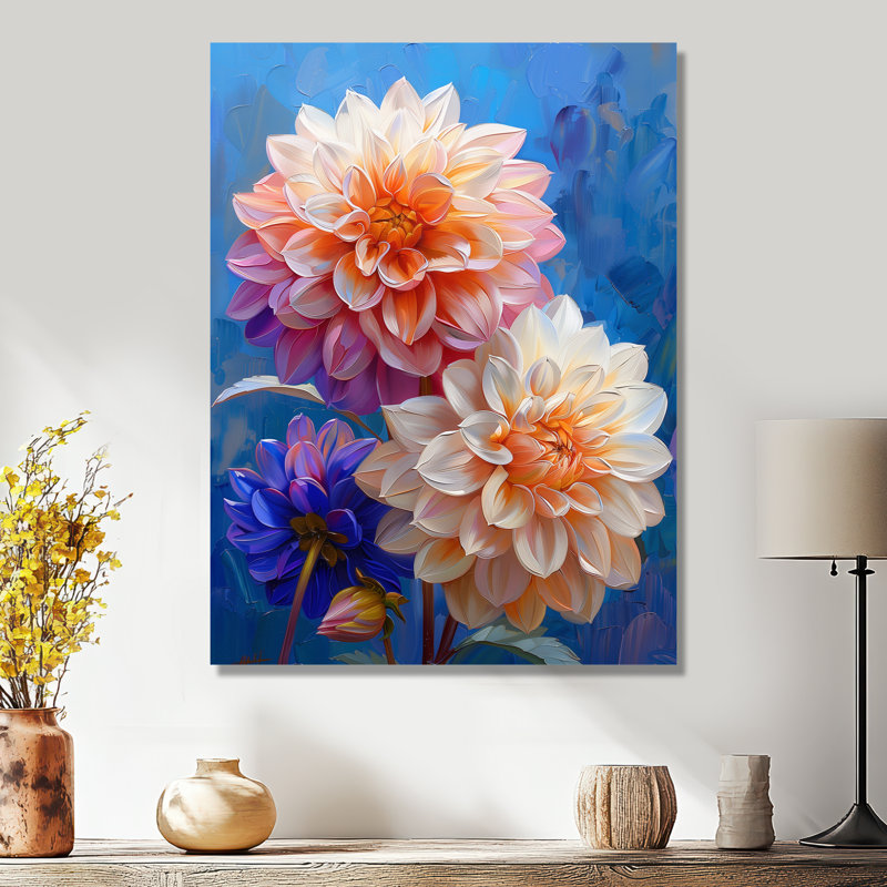 Danse des fleurs de dahlia rose bleu, collage I - impression d'art mural Dahlia, Sans cadre, métal, H 24 po x l 32 po