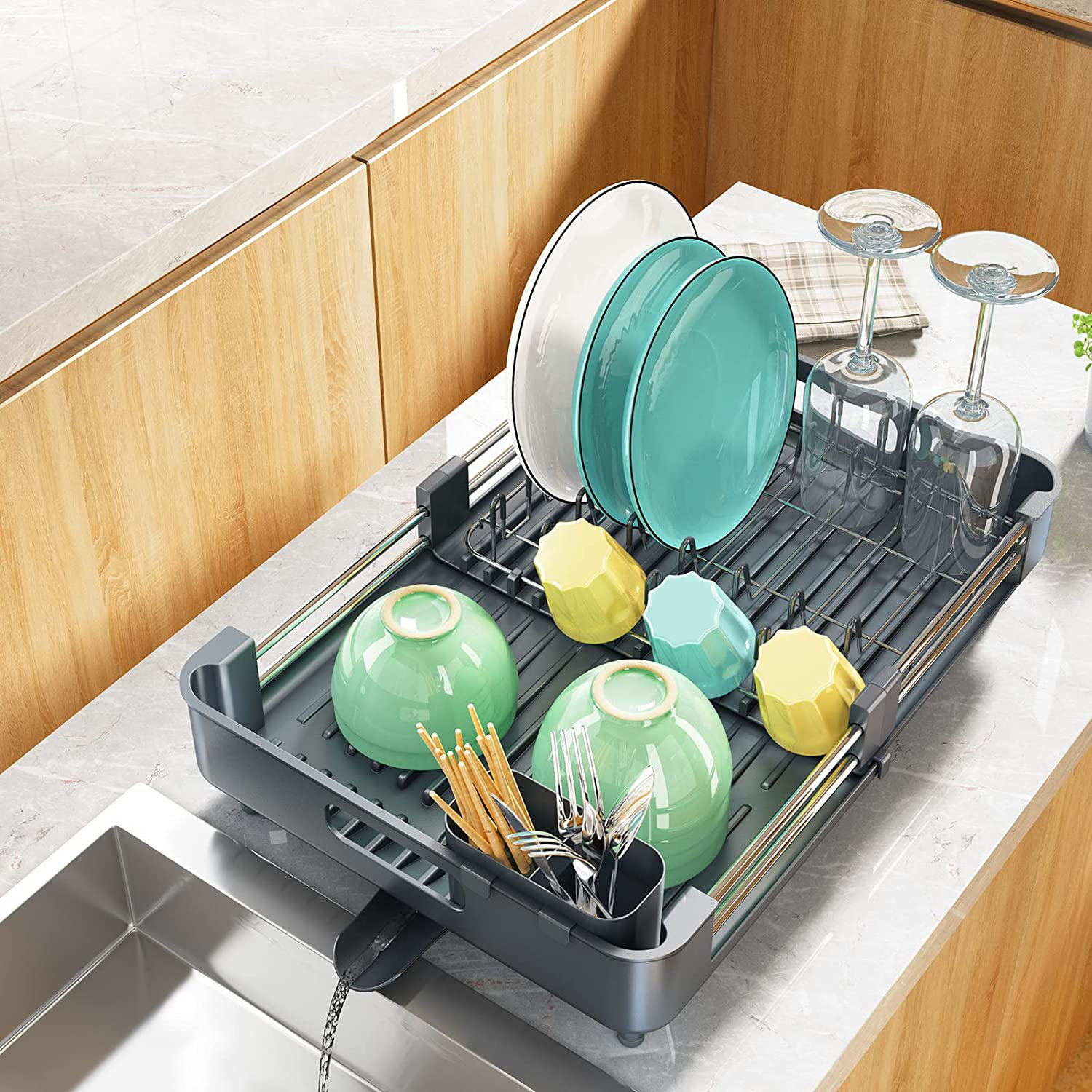 Expandable Dish Drying Rack Over The Sink Dish Rack for Kitchen in Sink or  On Counter Dish Drainer with Black Utensil Holder, Rustproof SUS304