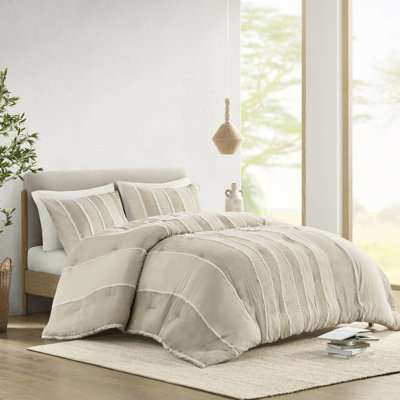 Ensemble d'édredon 3 pièces en taupe double / grand - 100% coton, rayures alternées, rembourrage, garniture, entretien de la mode, magnétisme lavable,