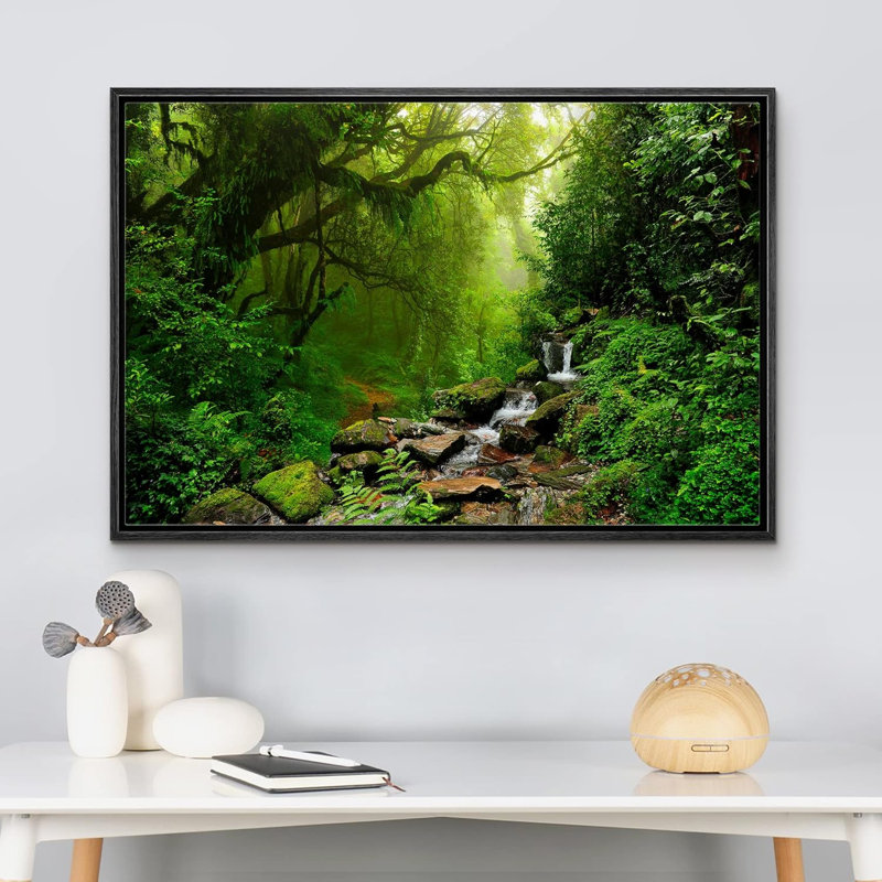 " Nepal Green Forest Waterfall ", 16" H x 24" W x 1.5" D, Black Frame