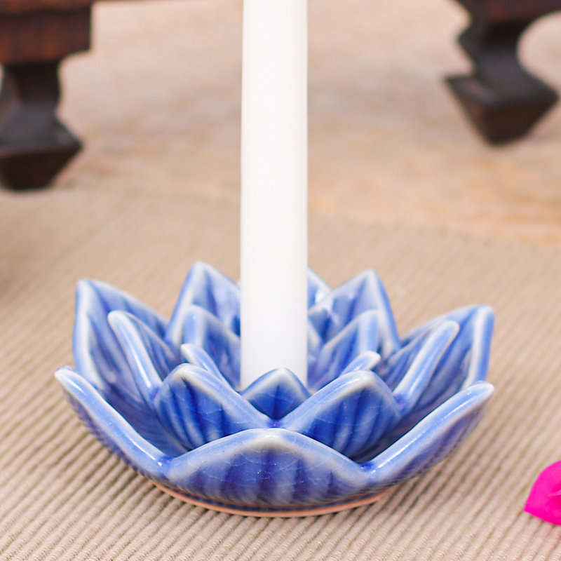 Porte-bougie Bungalow en forme de fleur de lotus en céramique céladon bleu Bungalow