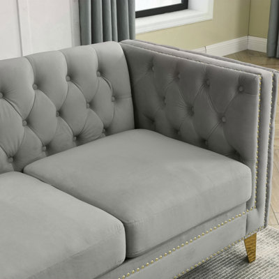 {Contact us for 3D modeling}  Velvet Sofa for Living Room,Buttons Tufted Square Arm Couch, Modern Couch Upholstered Button and Metal Legs, Sofa Couch