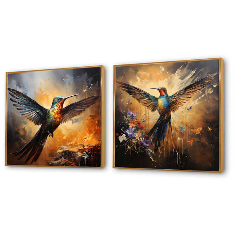 Colibri à plumes, flamme I - ensemble de 2 impressions sur toile colibri, Cadre flottant doré, H 30 po x l 61 po x P 1 po