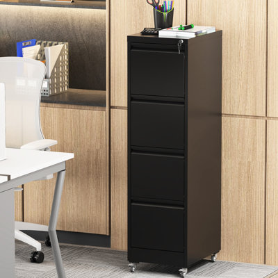 Classeur vertical à 4 tiroirs verrouillables en métal sur roulettes - barre réglable pour différentes tailles, documents de bureau de rangement sécurisés, documents modernes, peu d'entretien, convenant à la maison et à l'organisation