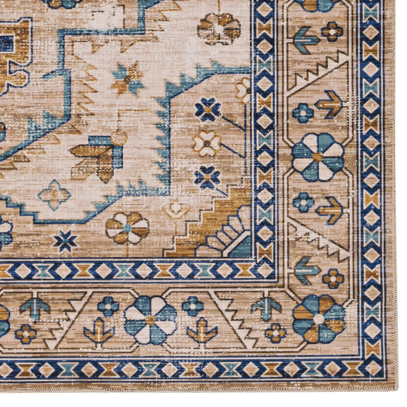 Aspers Machine Washable Ivory and Gold Area Rug, Rectangle 3' x 5'
