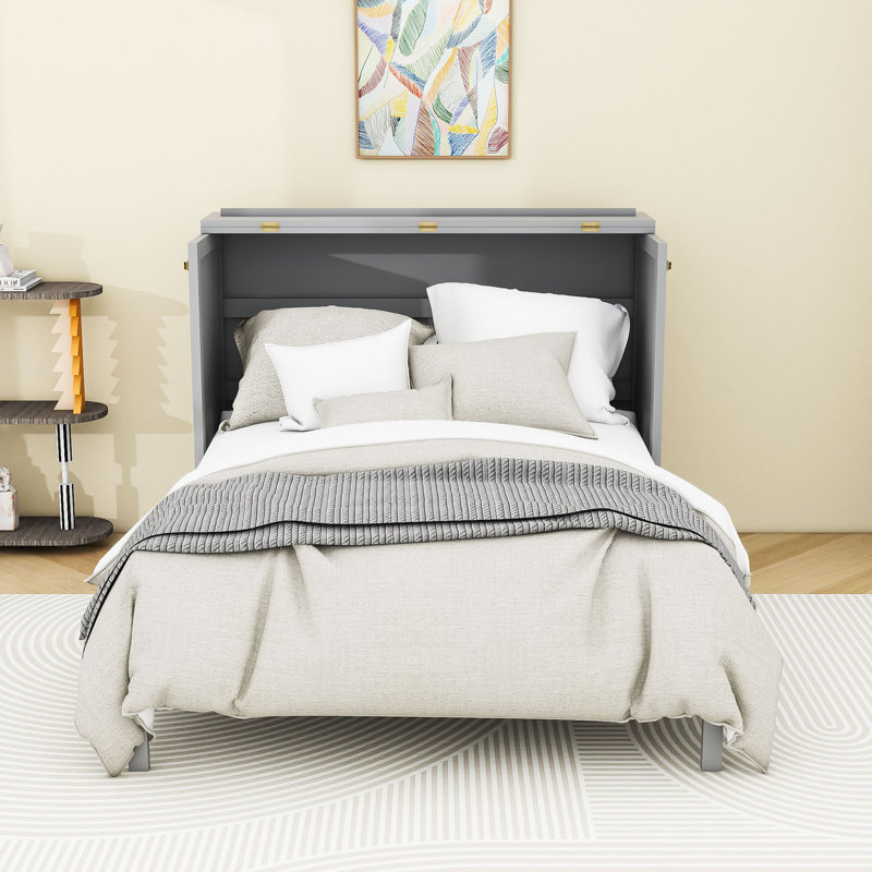 Lit escamotable double avec design en rotin élégant et tiroir de rangement intégré, Gris