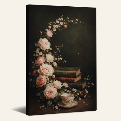 Art mural sur toile, roses roses et livres empilés avec tasse de thé sur fond sombre