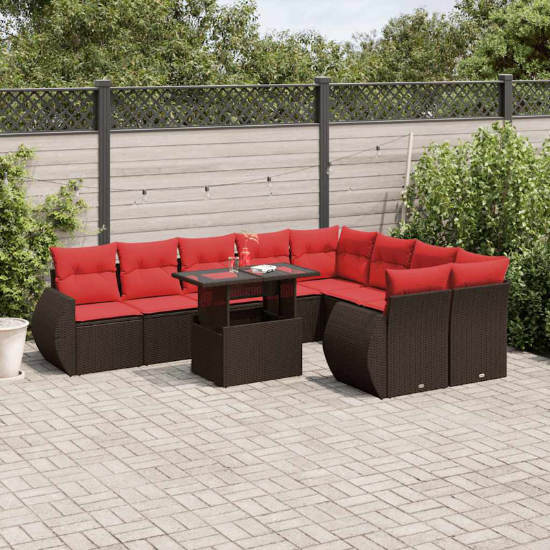 Ensemble de canapé de patio 10 pièces avec coussins en rotin de polyester, Rouge, Brun