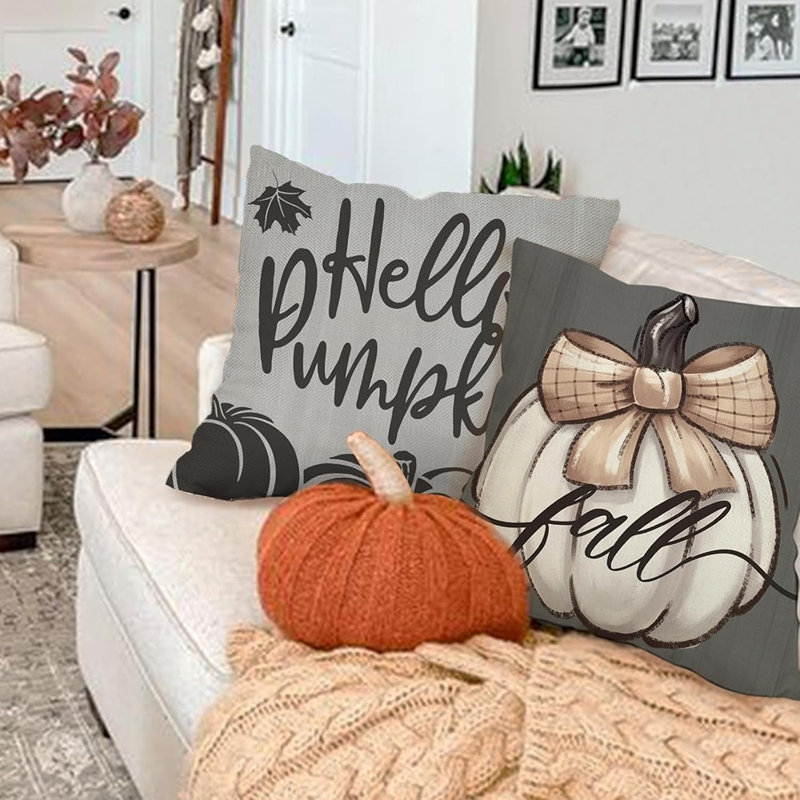 Hello Fall Pumpkin Decorative Throw Pillow Covers 18 X 18 Set Of 4, Autumn Harvest Maple Leaves Porch Outdoor Home Decor, Bow Buffalo Plaid Farmhouse Seasonal Couch Cushion Case