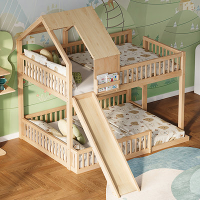 Full XL over Queen Floor House Bunk Bed Frame with Slide & Built in Ladder