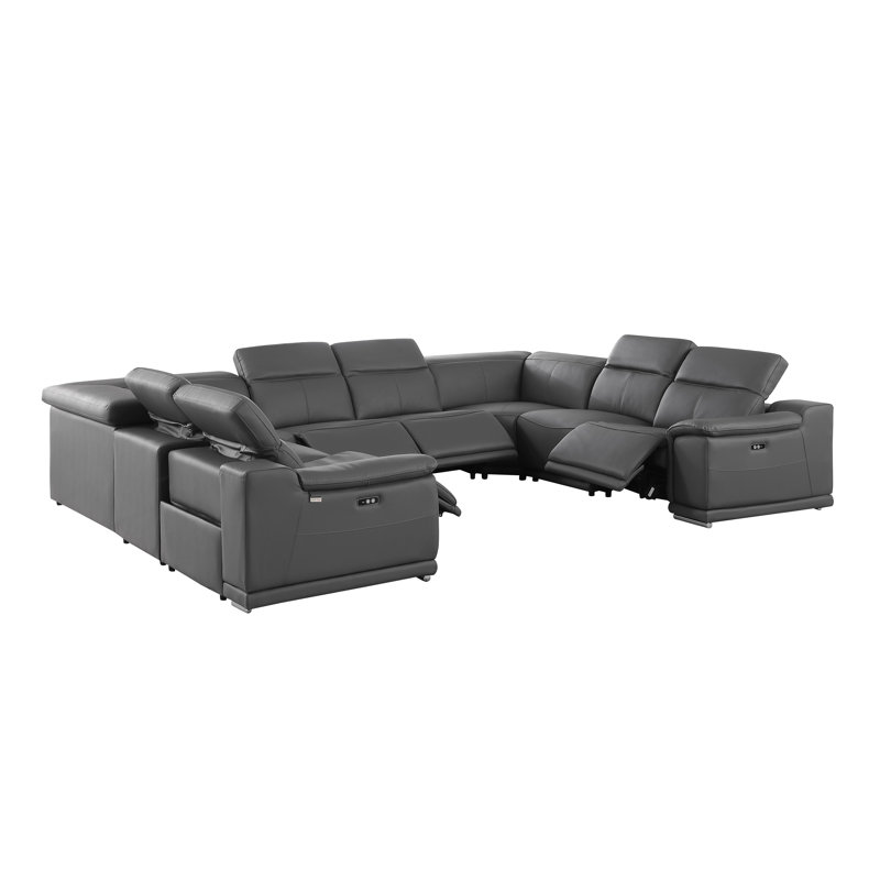 Lily 8 Piece 4 Power Top Grain Italian Leather Sectional, Dark Gray Genuine Leather