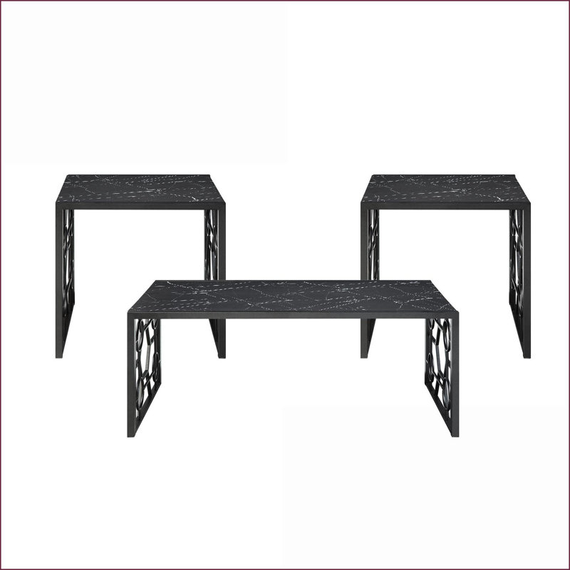 Ensemble de 3 tables basses et tables de bout pour le salon: base en métal noir, verre trempé à imprimé marbre, assemblage facile