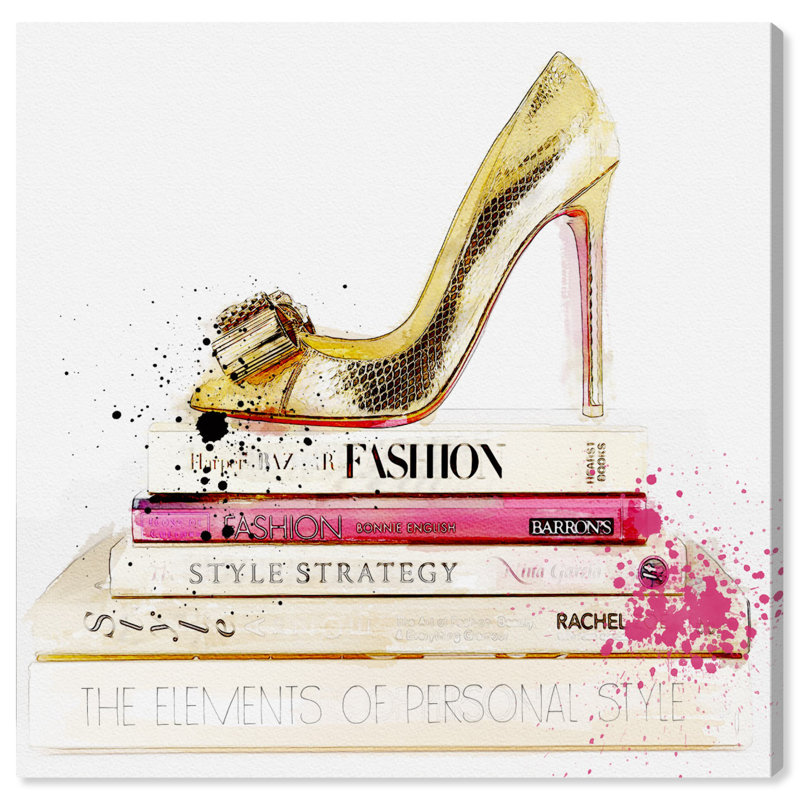 Chaussures mode et glamour dorées et livres de mode - impression, H 43 po x l 43 po, Toile tendue