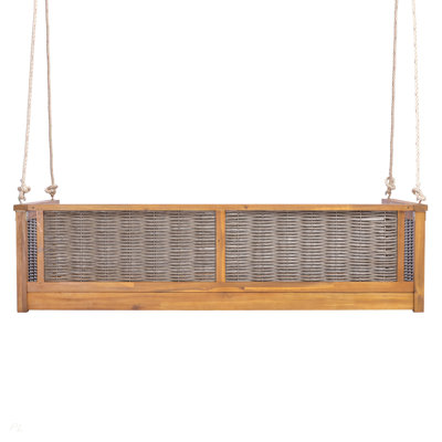 Lit balançoire double en bois massif d'extérieur classique, cadre de balançoire en rotin de jardin avec longues cordes pour la piscine, la cour arrière
