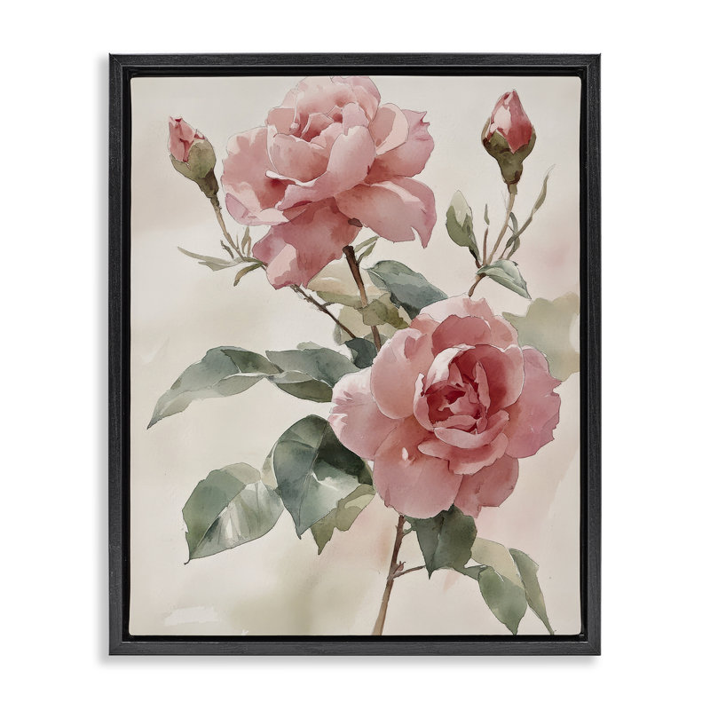 Cadre flottant avec roses roses et bourgeons aquarelle, design par Petal Prints Design, H 31 po x l 25 po