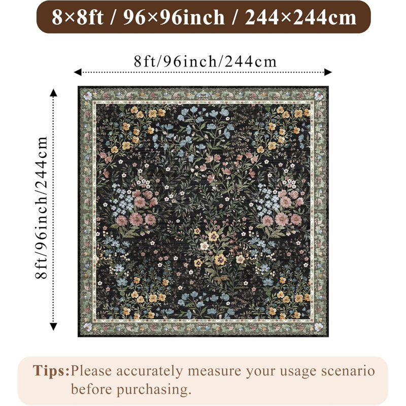 Tapis lavables à motifs floraux (8 carrés) : Tapis imprimé fleuri style bohème mignon antidérapant à poils courts pour salon, chambre, cuisine, bureau, entrée, couloir, style champêtre