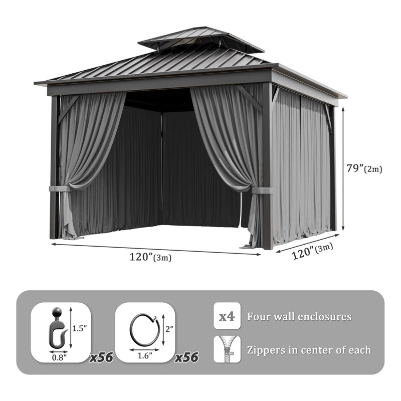10 x 10 pi Rideaux de pavillon d'extérieur, rideaux à 4 panneaux latéraux (seulement rideaux), Gris