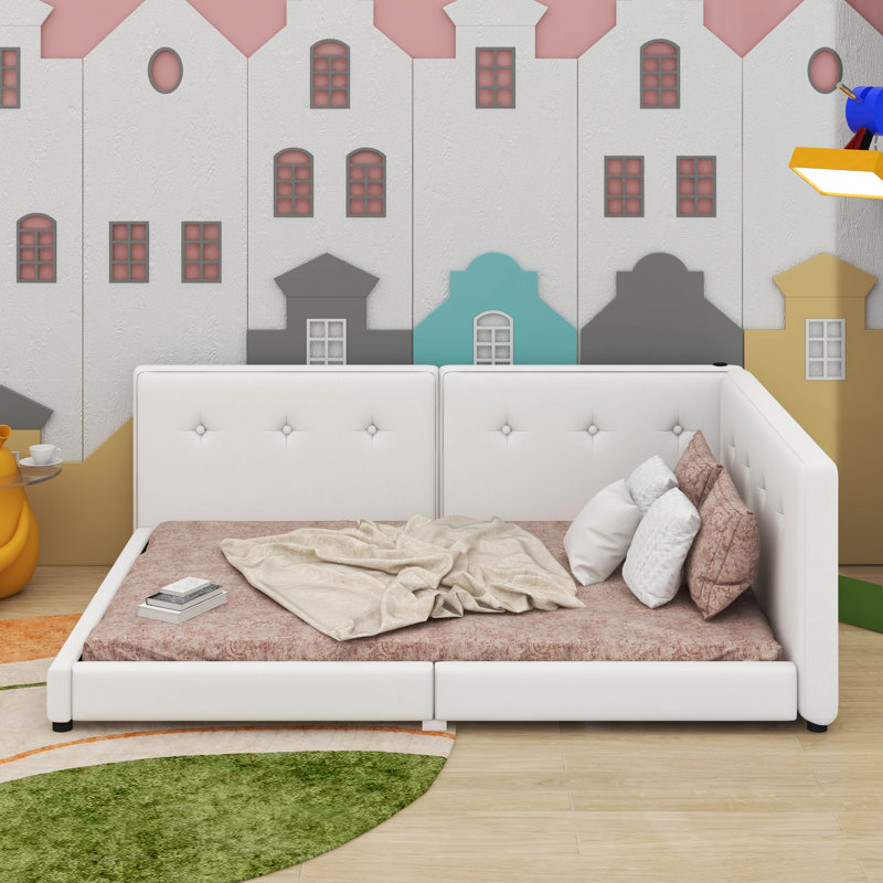 Lit plateforme double tapissier avec USB, Beige, Lit double