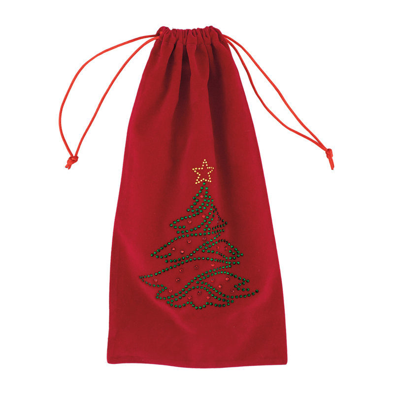 Sac à vin en velours «Christmas Tree Velvet» avec cordon Sparkles Home | Cadeau d'hôtesse festive, Rouge