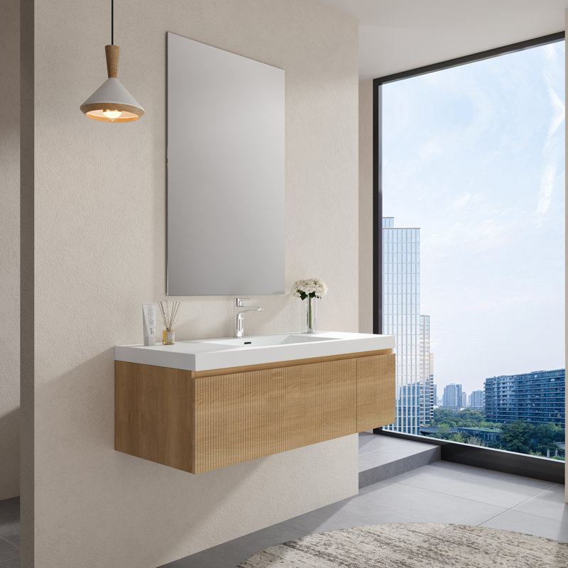 Meuble-lavabo flottant 48 po en chêne naturel moderne avec surface solide intégrée, rangement texturé ondulé, pré-assemblé
