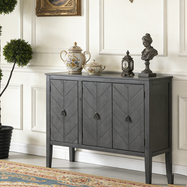 Adjustable Shelf Storage Sideboard with 3 Retro Metal Handles and 4 Pinewood Legs, Grey