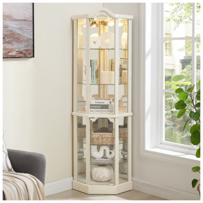 White Lighted Corner Curio Cabinet with Glass Doors - Glass Display Cabinet with Adjustable Shelves and Built-in Lighting for Collectibles & Wine
