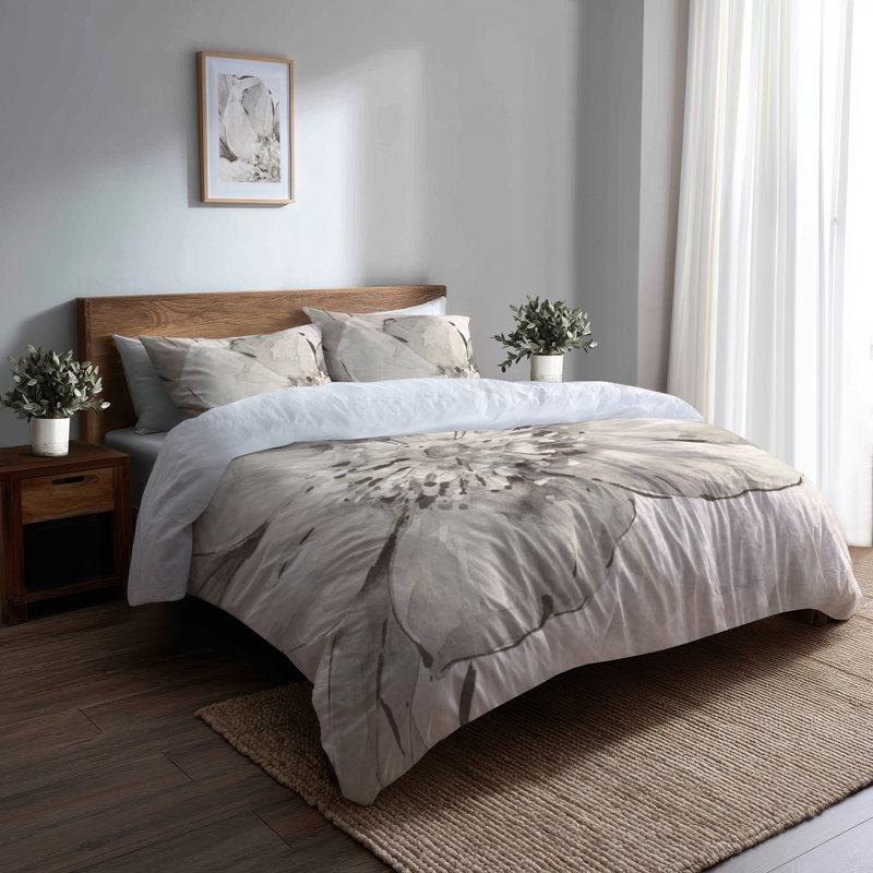 Indigold Grey Peonies III - Floral Print Duvet Cover Set, Full/Queen Duvet Cover + 2 Shams