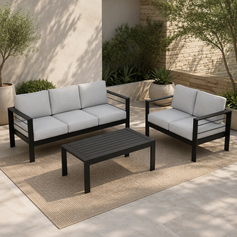 Ensemble de conversation de patio 3 pièces en aluminium 3 pièces, canapé d'extérieur 5 places avec coussins épais gris clair et structure noire et table basse