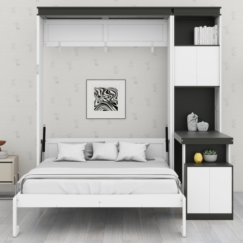 Lit escamotable minimaliste avec bureau, tablettes et armoires intégrés, Double