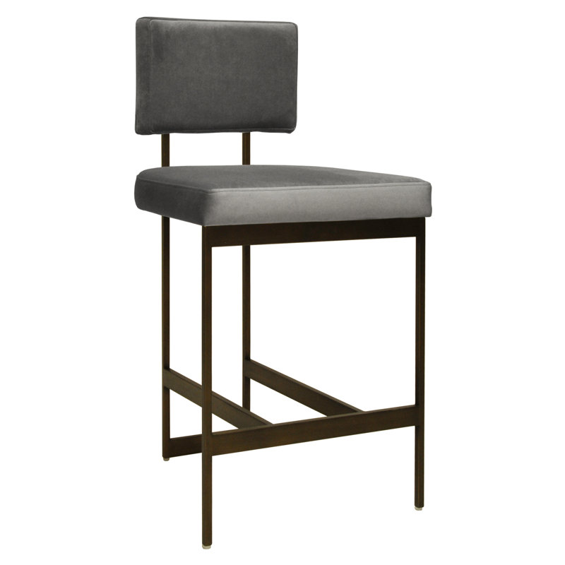 Gray Velvet and Bronze Metal Counter Stool