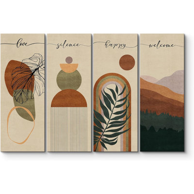 Mid Century Modern Boho Green Polygon Tropical Leaves On Canvas 4 Pieces Print
