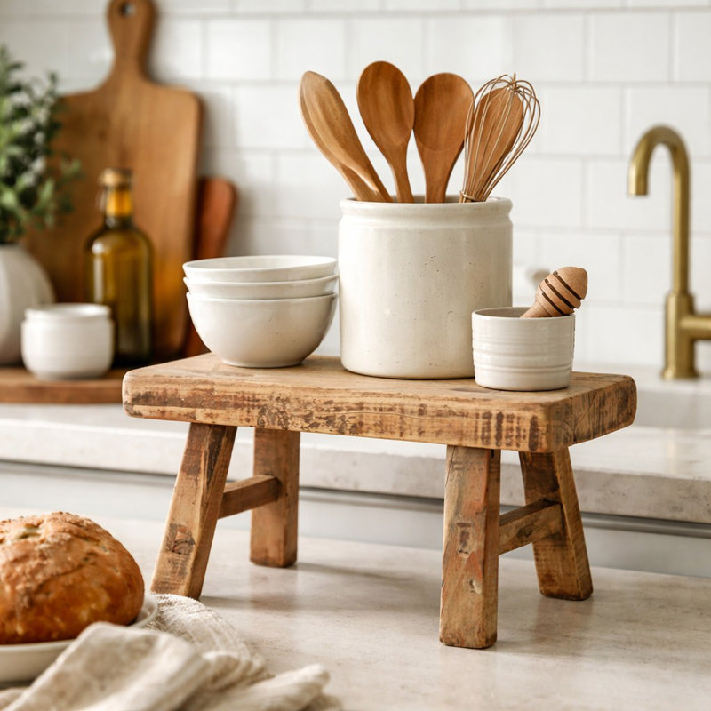 11-inch W Rustic Vintage Mini Stool Rectangular Wooden Accent with Weathered Natural Finish