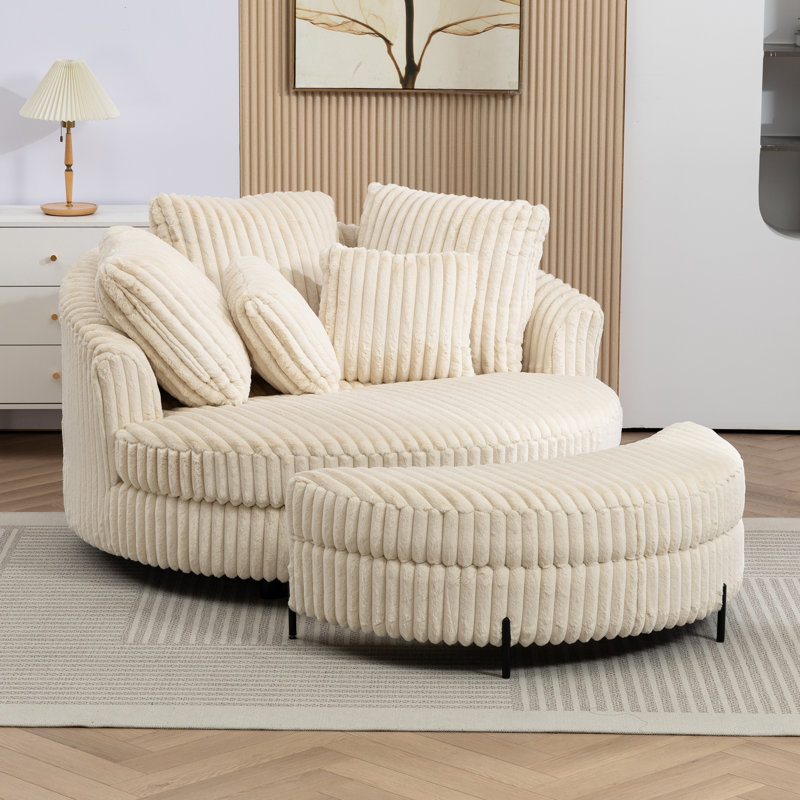 59.8" W Upholstered Oversized Slipcovered Accent Barrel Lounge Chair With Crescent Storage Ottoman, Beige Corduroy