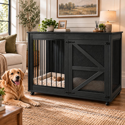 47" Dog Crate Furniture, 35.4" Tall Thick Wooden Dog Kennel TV Stand for Large Dogs, Black