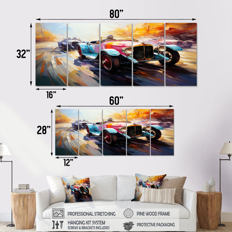 «Blue Race», art mural bleu et jaune, H 32 po x l 80 po