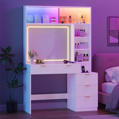 Fluted Vanity Desk With Mirror, Sync Music Led Lights, Power Outlet, Wooden Makeup Vanitys With Glass Cabinet, 4 Shelves, 5 Drawers Dressing Table For by Ivy Bronx