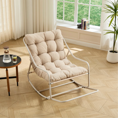 Outdoor Rocking Chair, Comfy Cushion, With Soft Thick Cushion,For Living Room, Bedroom, Reading Room, Beige Frame With Beige Cushion