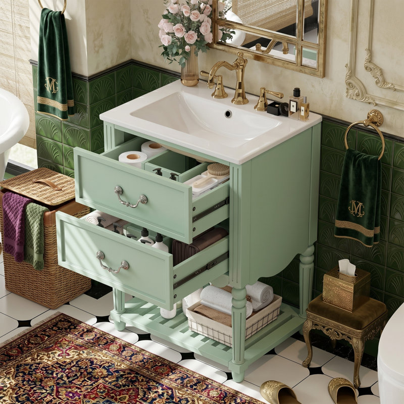 Meuble-lavabo noir 24 po avec lavabo en céramique, 2 tiroirs et 1 tablette ouverte, Green