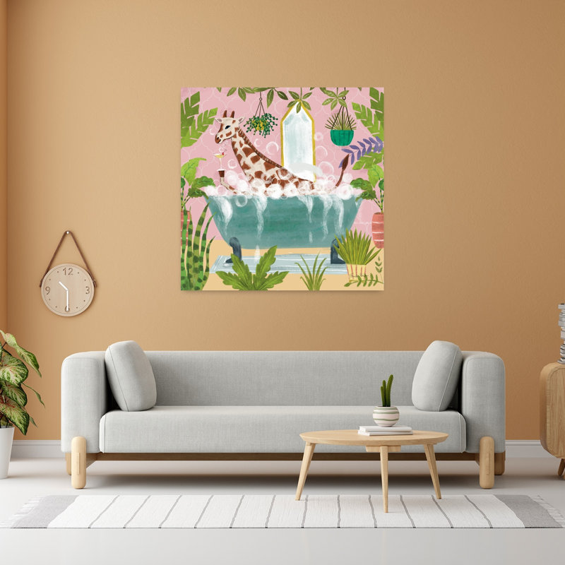 Art contemporain de bain girafe dans une baignoire avec des animaux, H 48 po x l 48 po