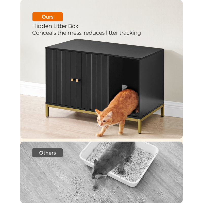 Black and Gold Modern Cat Litter Box Enclosure with Scratching Mat