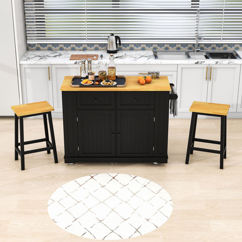 Rolling Kitchen Island Set with Drop Leaf, 2 Bar Stools, Power Outlet, 2 Drawers and Door Racks, Black