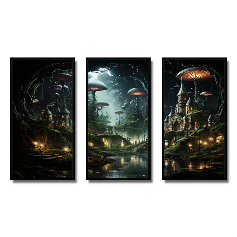 Enchanted surréaliste champignon - Art mural surréalisme, H 28 po x l 36 po, Cadre flottant noir
