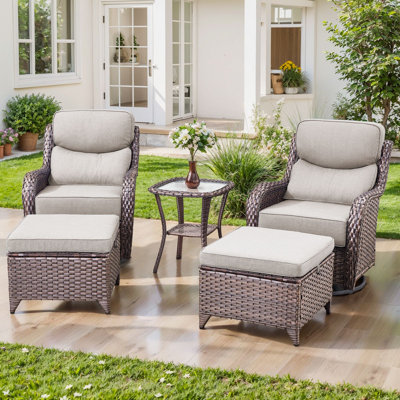 Abbey 5-Piece Patio Swivel Glider Chair Ottoman Set With Side Table, 6-Inch Ultra-Plush Cushions & Water-Resistant Olefin Fabric