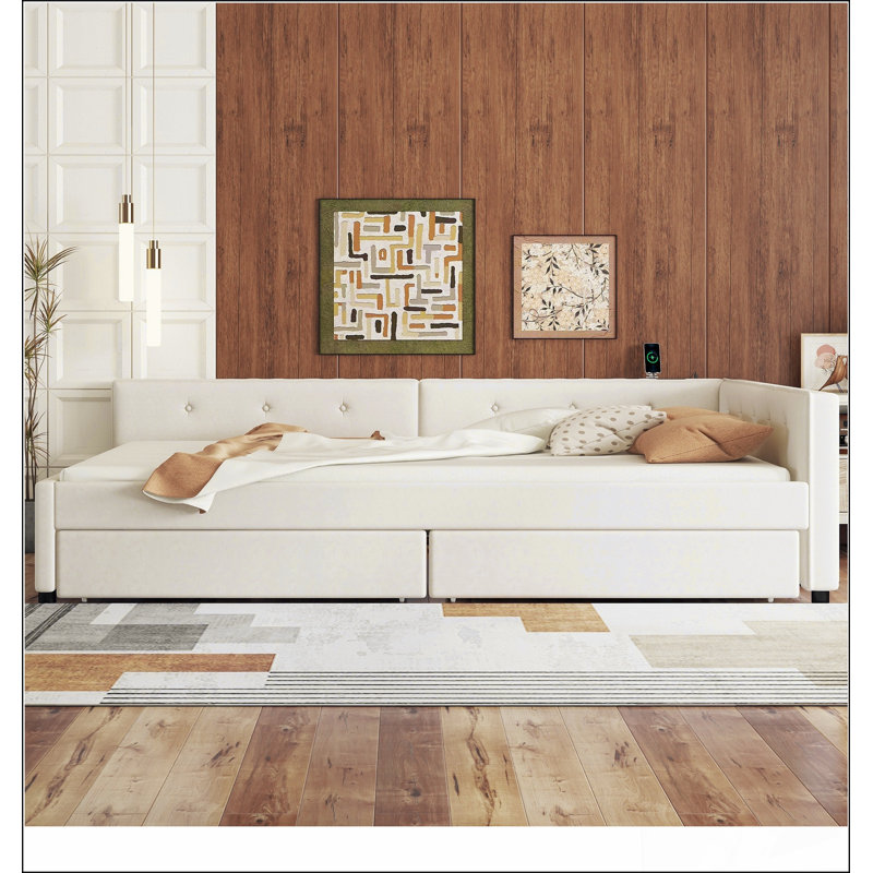 Lit plateforme tapissier double avec USB et 2 tiroirs, beige