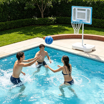 Pool Basketball Hoop Outdoor, Stainless Steel Poolside Basketball Goal with 32'' Shatterproof Backboard & 2.95-3.94 ft Adjustable Height, Outdoor Water Basketball Game Set with 2 Balls & Pump Included